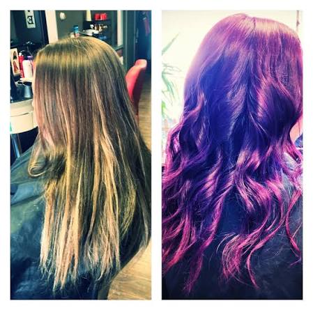 A paired salon photo showing long brown hair and vivid purple waves.